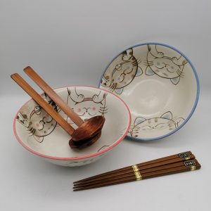 Set di due ciotole da ramen con tre gattini (rosa e blu)